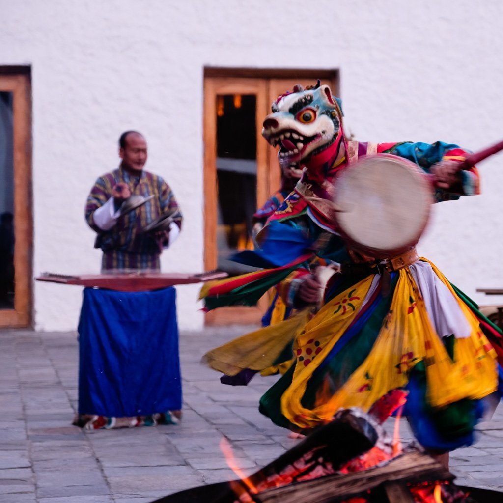 Traditional Bhutanese dance performance in winter